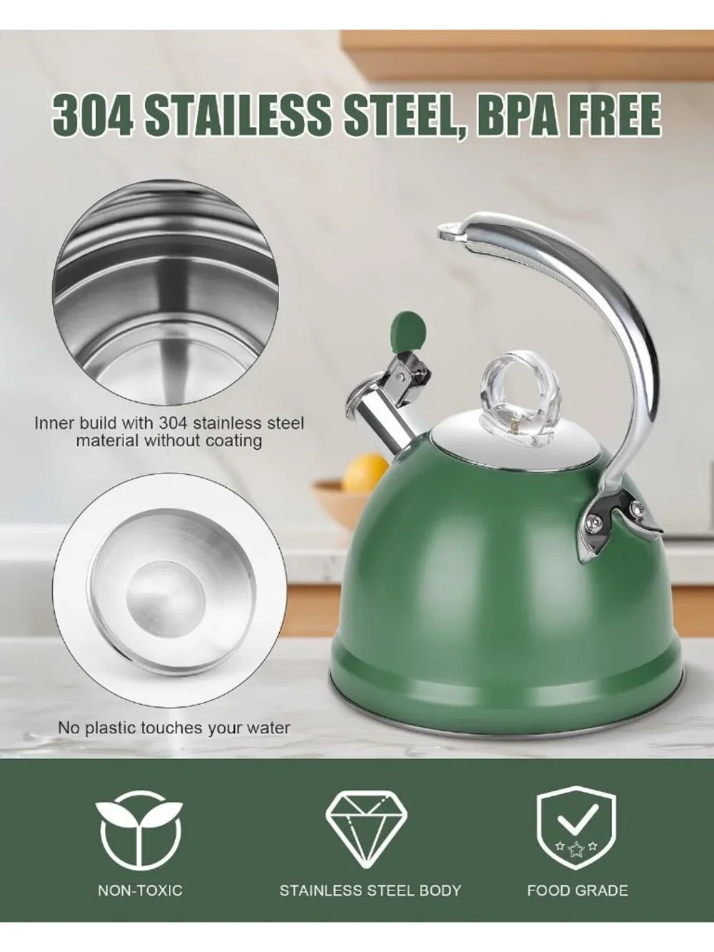 2.5 Qt Stainless Steel Whistling Tea Kettle for Gas, Electric Induction Green